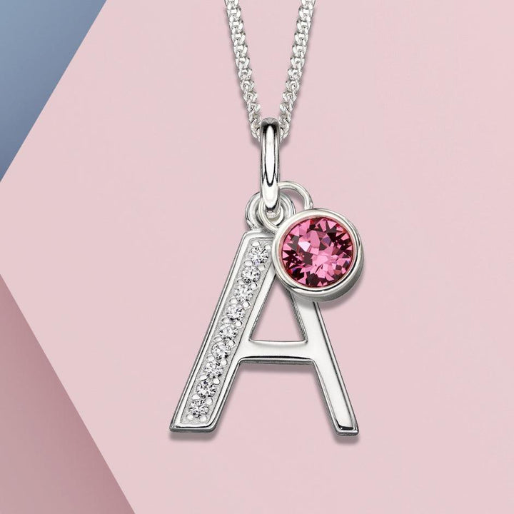 Silver Birthstone Necklace with Intial Letter