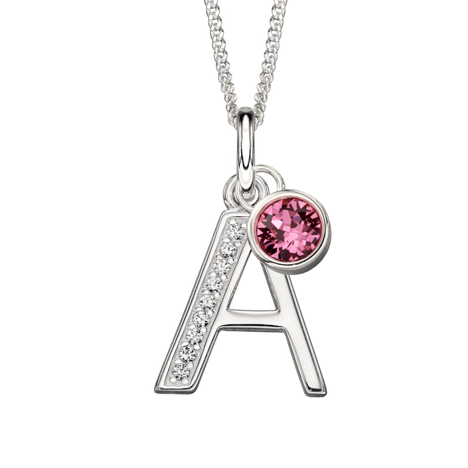 Silver Birthstone Necklace with Intial Letter