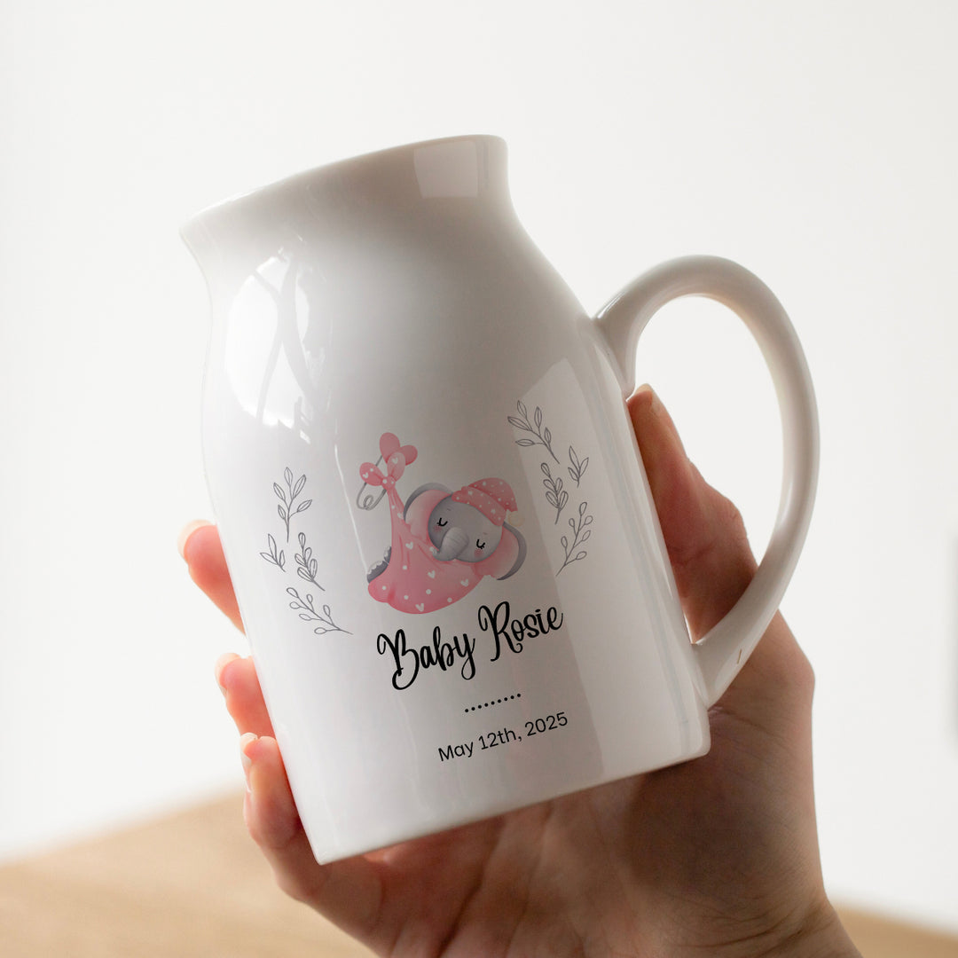 Personalised Baby Girl Keepsake Jug Style Vase – Elephant Design