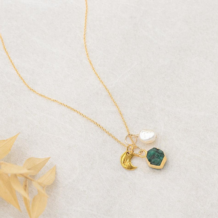 Emerald Crescent Moon Charm Necklace (May Birthstone)