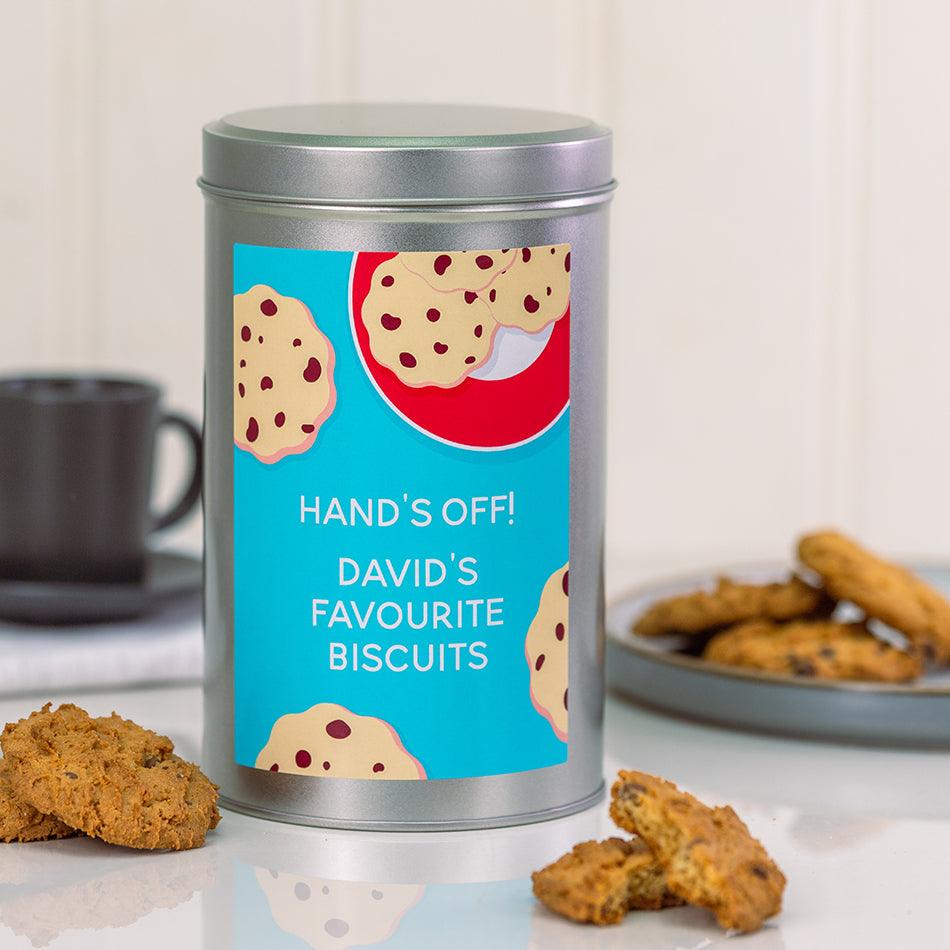 Personalised Hands Off Tin with a Dozen Biscuits