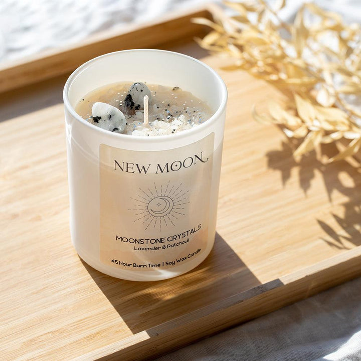 New Moon Candle with Moonstone Crystals