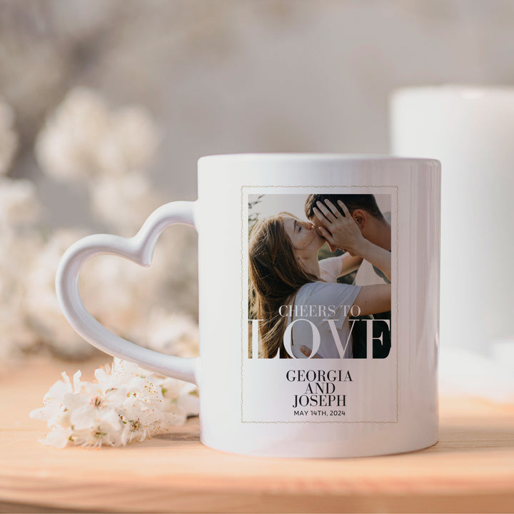 Personalised Cheers to Love Heart Handle Mug